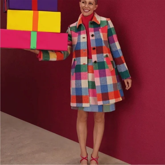 Boden Lincoln wool check coat multi color rainbow checkered coat jacket NWOT - Picture 4 of 11